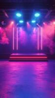 Colorful stage with neon lights and fog creates an electrifying atmosphere for performances in a vibrant setting photo