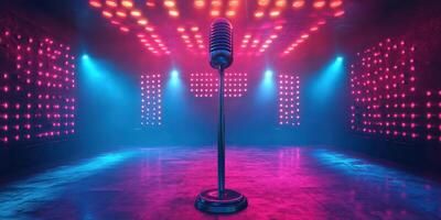 Stage set for live performance with dramatic lighting featuring a vintage microphone in a vibrant nightclub photo