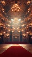 Stunning ornate theater interior showcasing grand chandeliers and a red carpet leading to an elaborate stage photo
