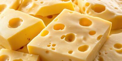 Delicious yellow cheese blocks stacked in a close-up view showcasing their holes and texture under bright lighting photo