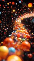 Colorful cosmic orbs create a mesmerizing trail through a dark space background during a digital art exploration of the universe photo