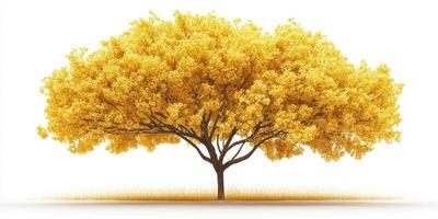 Bright golden tree stands alone in a serene landscape, showcasing vibrant autumn foliage under clear blue sky photo
