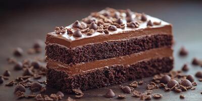 Delightful slice of rich chocolate cake garnished with chocolate chips and shavings on a dark wooden surface photo