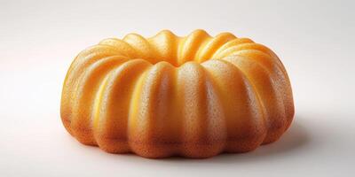 Golden round cake with a textured surface displayed against a plain background photo