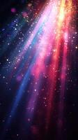 Colorful light beams create a vibrant cosmic atmosphere with sparkling particles and radiant colors photo