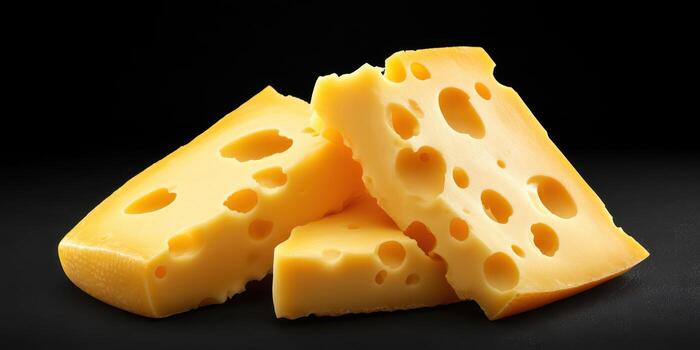 Cheddar cheese pieces with holes displayed on a dark background showcasing texture and color photo