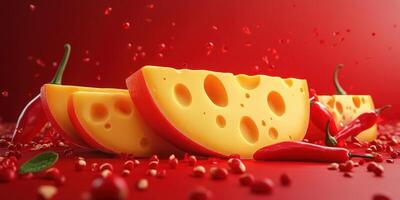 Cheese and chili peppers placed on a vibrant red background create a bold culinary display on a tabletop photo