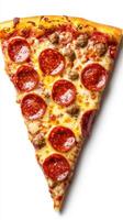 Delicious pepperoni and sausage pizza slice served on a white background with melted cheese stretching photo