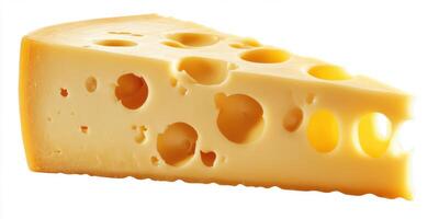 Delicious cheese wedge with holes displayed on a plain background, showcasing its rich texture and color photo