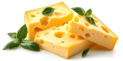 Delicious yellow cheese slices garnished with fresh basil leaves on a clean white background photo