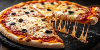 Delicious cheese pizza topped with black olives and melting cheese served fresh from the oven photo