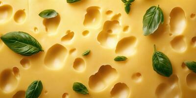 Cheese with basil leaves arranged artistically on a surface, showcasing texture and color contrast in a culinary setting photo