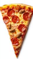 Delicious slice of pizza featuring pepperoni and sausage, served on a crisp crust with melted cheese photo