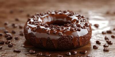 Delicious chocolate donut with glossy glaze and crunchy toppings on wooden surface photo