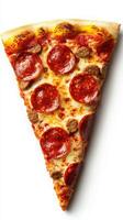 Delicious pepperoni and sausage pizza slice on a bright white background with melted cheese and crispy crust photo