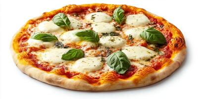 Delicious Margherita pizza topped with fresh mozzarella and basil leaves on wooden table photo