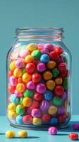 Colorful candy jar filled with vibrant gumdrops on a bright background photo