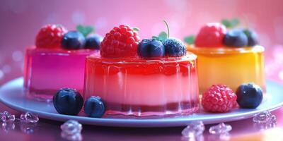 Colorful gelatin desserts topped with fresh berries on a decorative plate in a vibrant setting photo