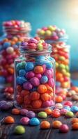 Colorful candies in glass jars create a vibrant display on a wooden table with soft lighting photo
