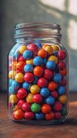 Colorful gumballs packed tightly in a glass jar on a wooden table in a sunlit room photo