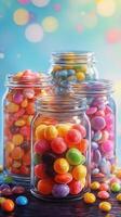 Colorful candy jars filled with assorted sweets create a vibrant display in a cheerful setting photo