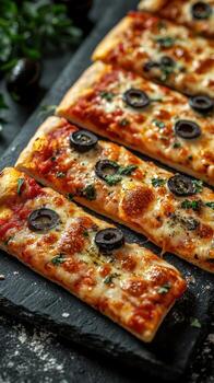 Delicious rectangular pizzas topped with olives and herbs displayed on a rustic slate board in a cozy kitchen setting photo