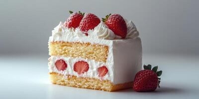 Fresh strawberry cake with whipped cream and vibrant berries displayed on a white background photo