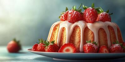 Fresh strawberry cake with creamy frosting served on a blue plate in a soft-lit setting, perfect for dessert lovers photo
