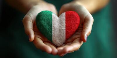 Heart-shaped stone with Italian flag colors held in hands symbolizing love for Italy photo