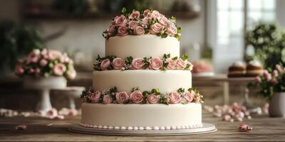 Delicate wedding cake adorned with pink roses elegantly displayed in a charming venue photo