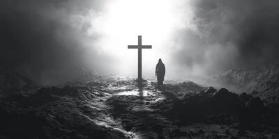 Solitary figure standing beside a cross on a foggy path in a dramatic black and white landscape photo