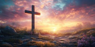 Cross stands alone amid colorful sunset in peaceful landscape with flowers and rocks during twilight hours photo