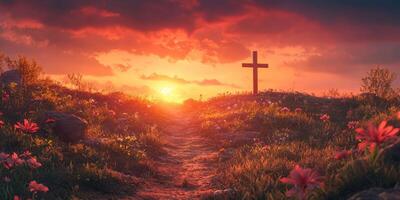 Sunset over a serene landscape with a cross surrounded by flowers and a winding path photo