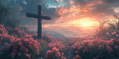 Cross surrounded by flowers at sunset on a peaceful hillside photo
