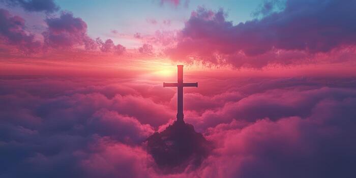 Sunset casts a serene glow over a solitary cross amidst clouds in a tranquil sky photo