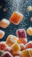Colorful fruit gummies floating above a sugary background create a vibrant and sweet visual experience photo
