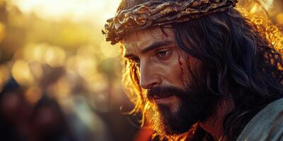 Man with a crown of thorns reflects under golden light in a solemn gathering at dawn photo