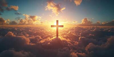 Cross silhouettes against a vibrant sunrise over clouds creating a serene moment of spiritual reflection photo