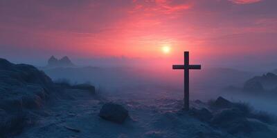 Sunrise over a tranquil landscape with a cross symbolizing peace and reflection photo
