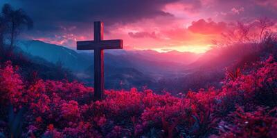 Sunset over mountains with a wooden cross surrounded by vibrant flowers in a serene landscape photo