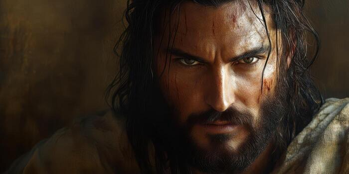 Intense expression of a man with long hair and a beard in a dramatic setting during a historical reenactment scene photo