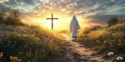 A serene figure in white walks toward a glowing cross at sunset in a peaceful landscape filled with flowers and soft clouds photo