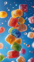 Colorful gummy candies in mid-air surrounded by bubbles in a vibrant blue background photo