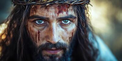 Man with a crown of thorns displaying intense expression in a dramatic moment during a historical reenactment in an outdoor setting photo