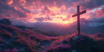 Sunset view with a wooden cross and blooming flowers in a mountainous landscape photo
