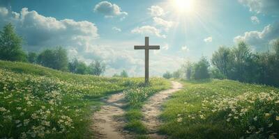 Serenity of a Cross in a Lush Meadow Under Bright Sunlight photo