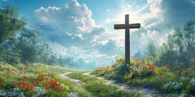 Serene countryside landscape with cross under bright sky and colorful wildflowers at dawn photo