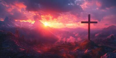 Beautiful sunset over mountains with a cross silhouette in a serene landscape photo