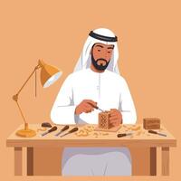 Man Carving Wooden Box with Hand Tools in Traditional Setting vector