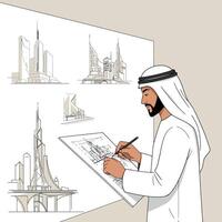 Architect Drawing Building Designs with Pencil on Paper in Studio vector